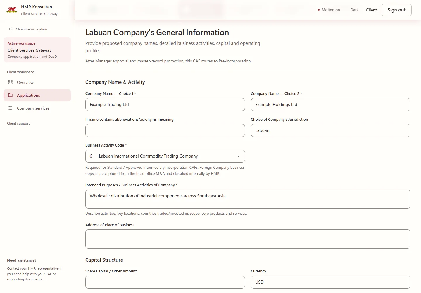 Company information step of the client application form, with sample data