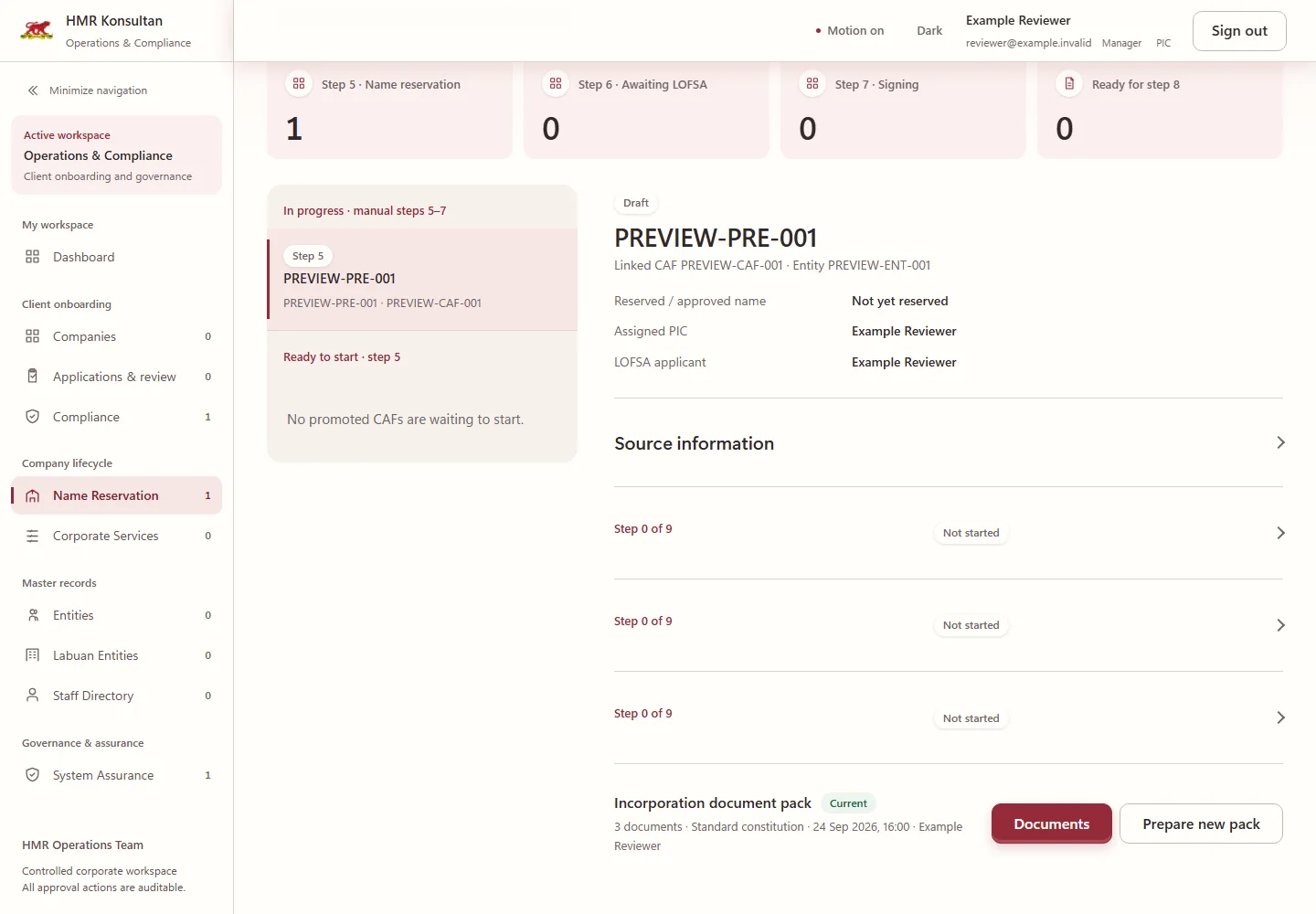Pre-incorporation workspace with a sample name reservation and document pack