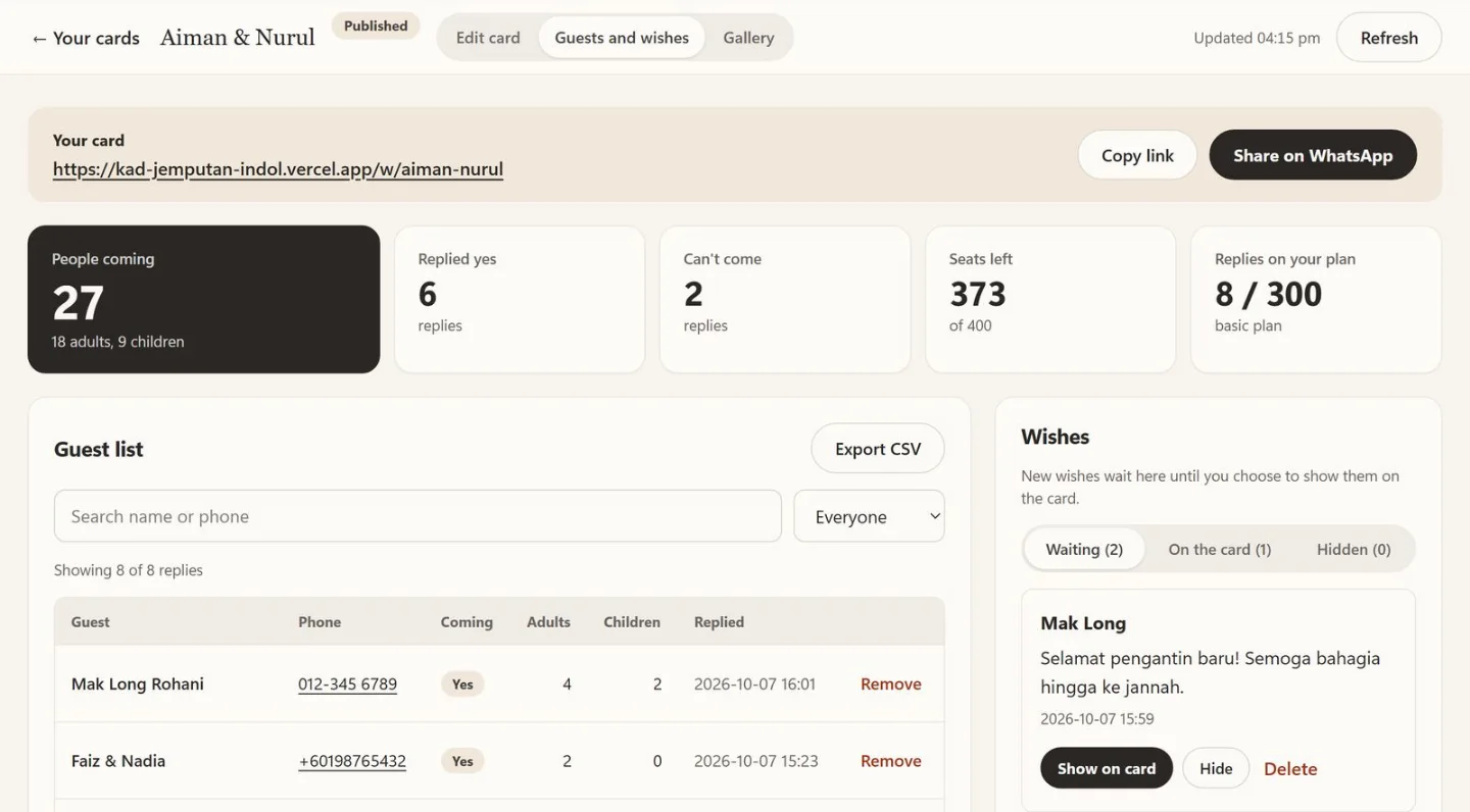 Couple's dashboard showing RSVP counts, guest list and wishes, sample data