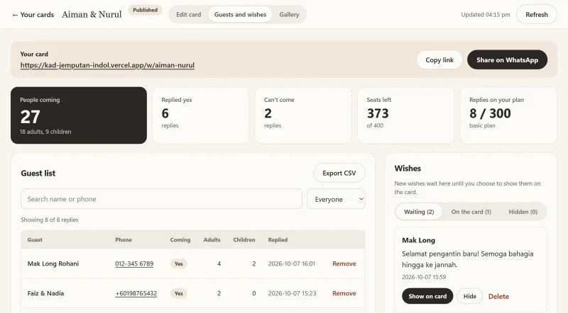 Kad Jemputan guest dashboard with RSVP counts, sample data