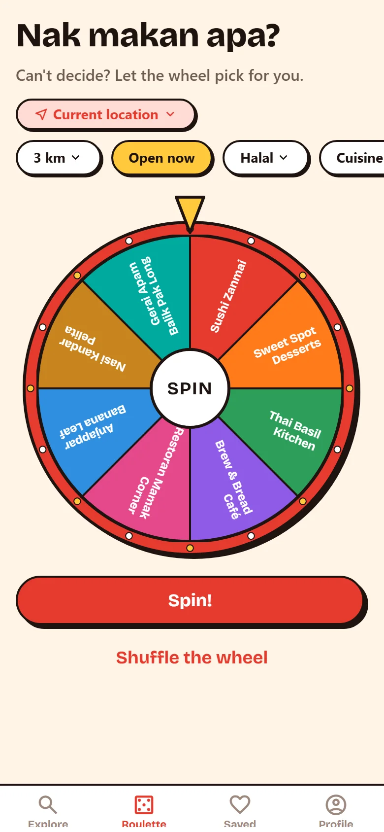 Makan Mana Explore and Roulette screens